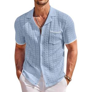 imageCOOFANDY Mens Knit Button Down Shirt Short Sleeve Vintage Polo Shirts Summer Casual Beach TopsLight Bluewhite