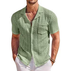 imageCOOFANDY Mens Knit Button Down Shirt Short Sleeve Vintage Polo Shirts Summer Casual Beach TopsLight Green