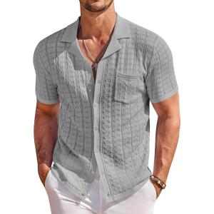 imageCOOFANDY Mens Knit Button Down Shirt Short Sleeve Vintage Polo Shirts Summer Casual Beach TopsLight Grey