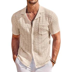 imageCOOFANDY Mens Knit Button Down Shirt Short Sleeve Vintage Polo Shirts Summer Casual Beach TopsLight Khaki