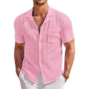 imageCOOFANDY Mens Knit Button Down Shirt Short Sleeve Vintage Polo Shirts Summer Casual Beach TopsLight Pink