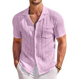 imageCOOFANDY Mens Knit Button Down Shirt Short Sleeve Vintage Polo Shirts Summer Casual Beach TopsPink
