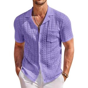 imageCOOFANDY Mens Knit Button Down Shirt Short Sleeve Vintage Polo Shirts Summer Casual Beach TopsPurple