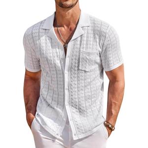 imageCOOFANDY Mens Knit Button Down Shirt Short Sleeve Vintage Polo Shirts Summer Casual Beach TopsWhite