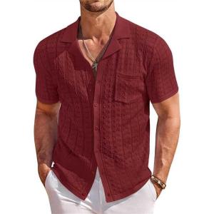 imageCOOFANDY Mens Knit Button Down Shirt Short Sleeve Vintage Polo Shirts Summer Casual Beach TopsWine Red