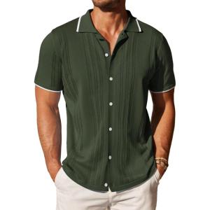 imageCOOFANDY Mens Knit Button Down Shirt Vintage Short Sleeve Polo Shirts Casual Beach TopsArmy Green