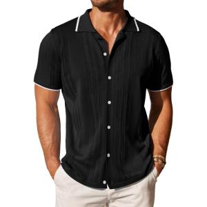 imageCOOFANDY Mens Knit Button Down Shirt Vintage Short Sleeve Polo Shirts Casual Beach TopsBlack