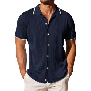 imageCOOFANDY Mens Knit Button Down Shirt Vintage Short Sleeve Polo Shirts Casual Beach TopsBlue