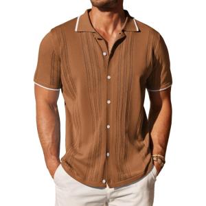imageCOOFANDY Mens Knit Button Down Shirt Vintage Short Sleeve Polo Shirts Casual Beach TopsBrown