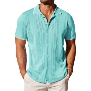 imageCOOFANDY Mens Knit Button Down Shirt Vintage Short Sleeve Polo Shirts Casual Beach TopsCeramic Green