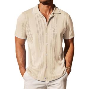 imageCOOFANDY Mens Knit Button Down Shirt Vintage Short Sleeve Polo Shirts Casual Beach TopsCream