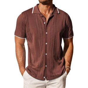 imageCOOFANDY Mens Knit Button Down Shirt Vintage Short Sleeve Polo Shirts Casual Beach TopsDark Brown