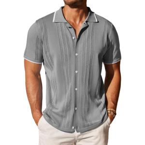 imageCOOFANDY Mens Knit Button Down Shirt Vintage Short Sleeve Polo Shirts Casual Beach TopsDark Grey