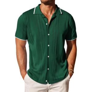 imageCOOFANDY Mens Knit Button Down Shirt Vintage Short Sleeve Polo Shirts Casual Beach TopsGreen