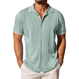imageCOOFANDY Mens Knit Button Down Shirt Vintage Short Sleeve Polo Shirts Casual Beach TopsIce Green