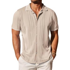 imageCOOFANDY Mens Knit Button Down Shirt Vintage Short Sleeve Polo Shirts Casual Beach TopsKhaki