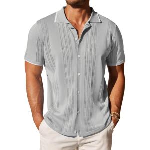 imageCOOFANDY Mens Knit Button Down Shirt Vintage Short Sleeve Polo Shirts Casual Beach TopsLight Gray