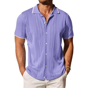 imageCOOFANDY Mens Knit Button Down Shirt Vintage Short Sleeve Polo Shirts Casual Beach TopsLight Purple