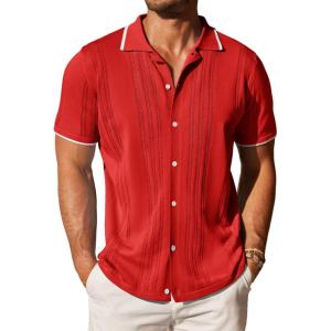 imageCOOFANDY Mens Knit Button Down Shirt Vintage Short Sleeve Polo Shirts Casual Beach TopsRed