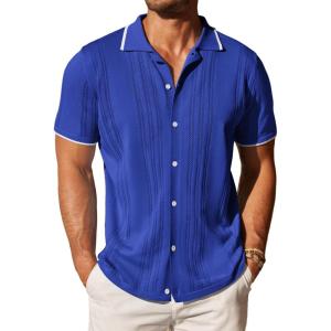 imageCOOFANDY Mens Knit Button Down Shirt Vintage Short Sleeve Polo Shirts Casual Beach TopsRoyal Blue