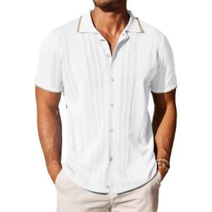 imageCOOFANDY Mens Knit Button Down Shirt Vintage Short Sleeve Polo Shirts Casual Beach TopsWhite
