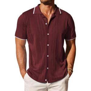 imageCOOFANDY Mens Knit Button Down Shirt Vintage Short Sleeve Polo Shirts Casual Beach TopsWine Red