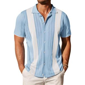 imageCOOFANDY Mens Knit Button Down Shirt Vintage Short Sleeve Polo Shirts Casual Beach TopsZ Stripe  Blue White