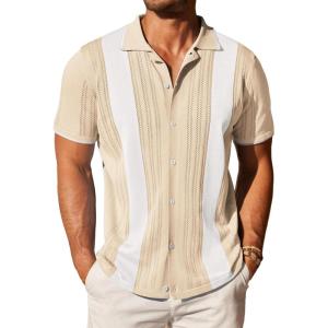 imageCOOFANDY Mens Knit Button Down Shirt Vintage Short Sleeve Polo Shirts Casual Beach TopsZ Stripe  Khaki White
