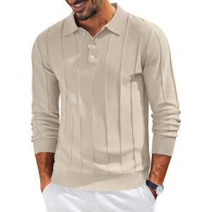 imageCOOFANDY Mens Knit Long Sleeve Polo Sweater Business Casual Collared Golf Sweaters Ribbed Textured Activewear PolosCream
