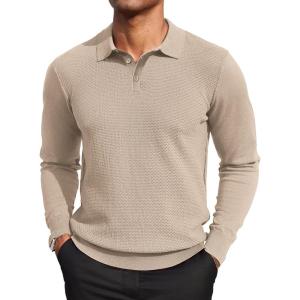 imageCOOFANDY Mens Knit Polo Sweater Long Sleeve Casual Collared Quarter Button Golf Waffle Textured SweaterApricot