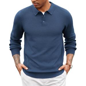 imageCOOFANDY Mens Knit Polo Sweater Long Sleeve Casual Collared Quarter Button Golf Waffle Textured SweaterDark Blue