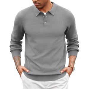 imageCOOFANDY Mens Knit Polo Sweater Long Sleeve Casual Collared Quarter Button Golf Waffle Textured SweaterMedium Grey