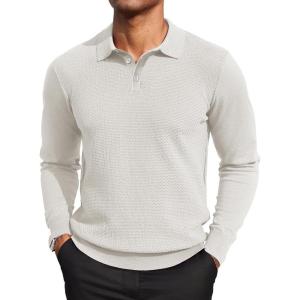 imageCOOFANDY Mens Knit Polo Sweater Long Sleeve Casual Collared Quarter Button Golf Waffle Textured SweaterWhite
