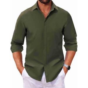 imageCOOFANDY Mens Long Sleeve Button Down Shirts Casual Untucked Dress Shirt Beach Wedding ShirtsArmy Green