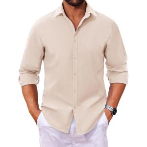 imageCOOFANDY Mens Long Sleeve Button Down Shirts Casual Untucked Dress Shirt Beach Wedding ShirtsKhaki