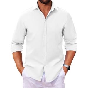 imageCOOFANDY Mens Long Sleeve Button Down Shirts Casual Untucked Dress Shirt Beach Wedding ShirtsWhite