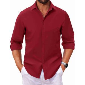 imageCOOFANDY Mens Long Sleeve Button Down Shirts Casual Untucked Dress Shirt Beach Wedding ShirtsWine Red