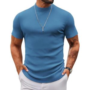 imageCOOFANDY Mens Mock Turtleneck Sweater Short Sleeve Slim Fit Turtle Neck Sweaters Casual Basic Tee Ribbed Knit Pullover TopsBlue
