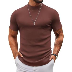 imageCOOFANDY Mens Mock Turtleneck Sweater Short Sleeve Slim Fit Turtle Neck Sweaters Casual Basic Tee Ribbed Knit Pullover TopsBrown