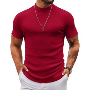 imageCOOFANDY Mens Mock Turtleneck Sweater Short Sleeve Slim Fit Turtle Neck Sweaters Casual Basic Tee Ribbed Knit Pullover TopsDark Red