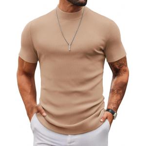 imageCOOFANDY Mens Mock Turtleneck Sweater Short Sleeve Slim Fit Turtle Neck Sweaters Casual Basic Tee Ribbed Knit Pullover TopsKhaki
