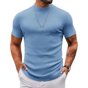 imageCOOFANDY Mens Mock Turtleneck Sweater Short Sleeve Slim Fit Turtle Neck Sweaters Casual Basic Tee Ribbed Knit Pullover TopsLight Blue