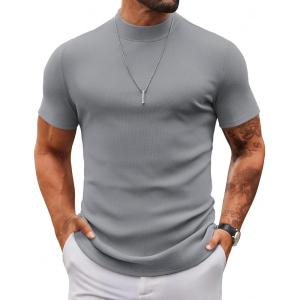 imageCOOFANDY Mens Mock Turtleneck Sweater Short Sleeve Slim Fit Turtle Neck Sweaters Casual Basic Tee Ribbed Knit Pullover TopsLight Grey