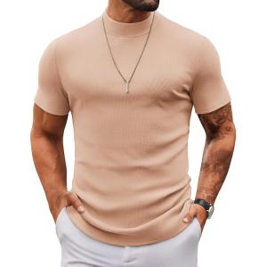 imageCOOFANDY Mens Mock Turtleneck Sweater Short Sleeve Slim Fit Turtle Neck Sweaters Casual Basic Tee Ribbed Knit Pullover TopsLight Khaki