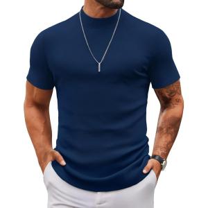 imageCOOFANDY Mens Mock Turtleneck Sweater Short Sleeve Slim Fit Turtle Neck Sweaters Casual Basic Tee Ribbed Knit Pullover TopsNavy Blue