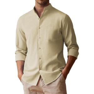 imageCOOFANDY Mens Oxford Shirts Long Sleeve Casual Button Down Shirts Band Collar Dress Shirt with PocketCoffee