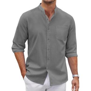 imageCOOFANDY Mens Oxford Shirts Long Sleeve Casual Button Down Shirts Band Collar Dress Shirt with PocketDark Grey