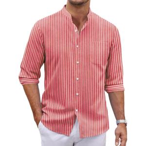 imageCOOFANDY Mens Oxford Shirts Long Sleeve Casual Button Down Shirts Band Collar Dress Shirt with PocketStriperedwhite