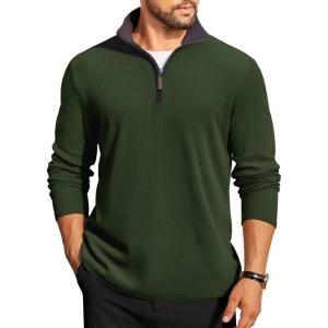 imageCOOFANDY Mens Quarter Zip Pullover Lightweight Sweater Casual Long Sleeve Corduroy Half Zip SweatshirtArmy Green