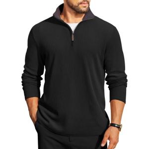 imageCOOFANDY Mens Quarter Zip Pullover Lightweight Sweater Casual Long Sleeve Corduroy Half Zip SweatshirtBlack